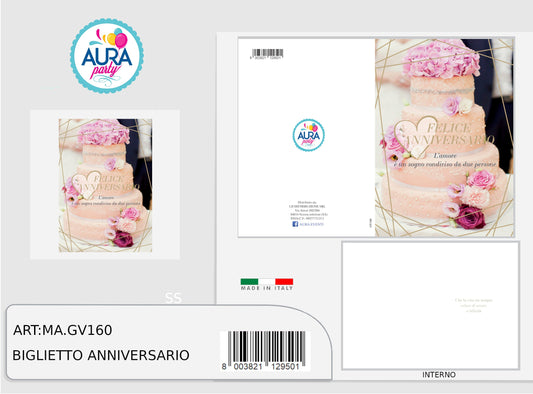 biglietto anniversario con fiori e torta