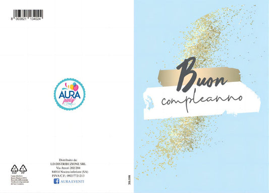 Biglietto di auguri per compleanno azzurro con oro