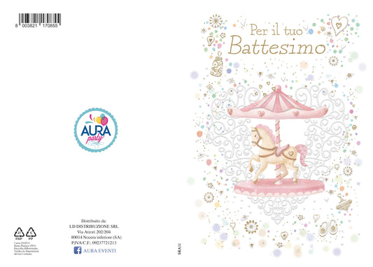Biglietto di auguri per battesimo con giostrina bimba
