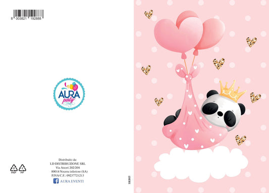 biglietto battesimo panda rosa