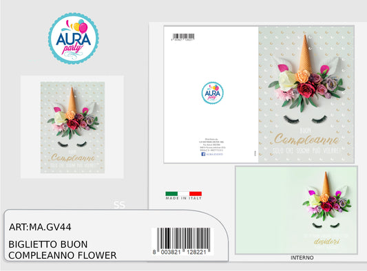 biglietto compleanno unicorno fiori
