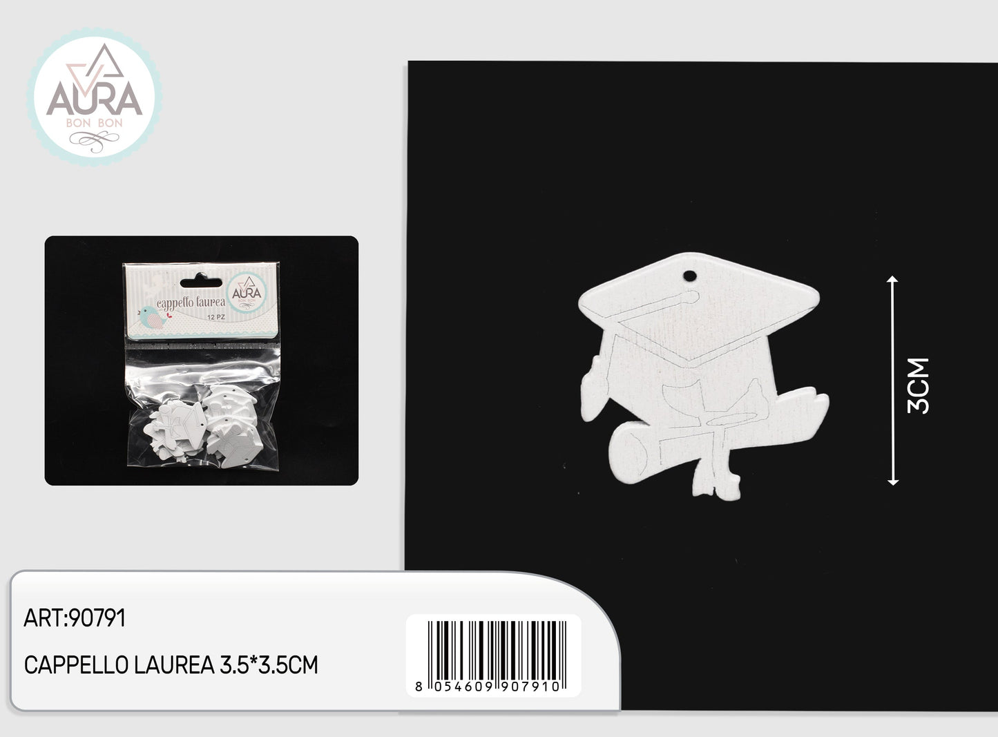 Tag bianco in legno cappello laurea 3,5x3,5cm 12pz