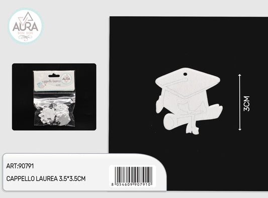 Tag bianco in legno cappello laurea 3,5x3,5cm 12pz